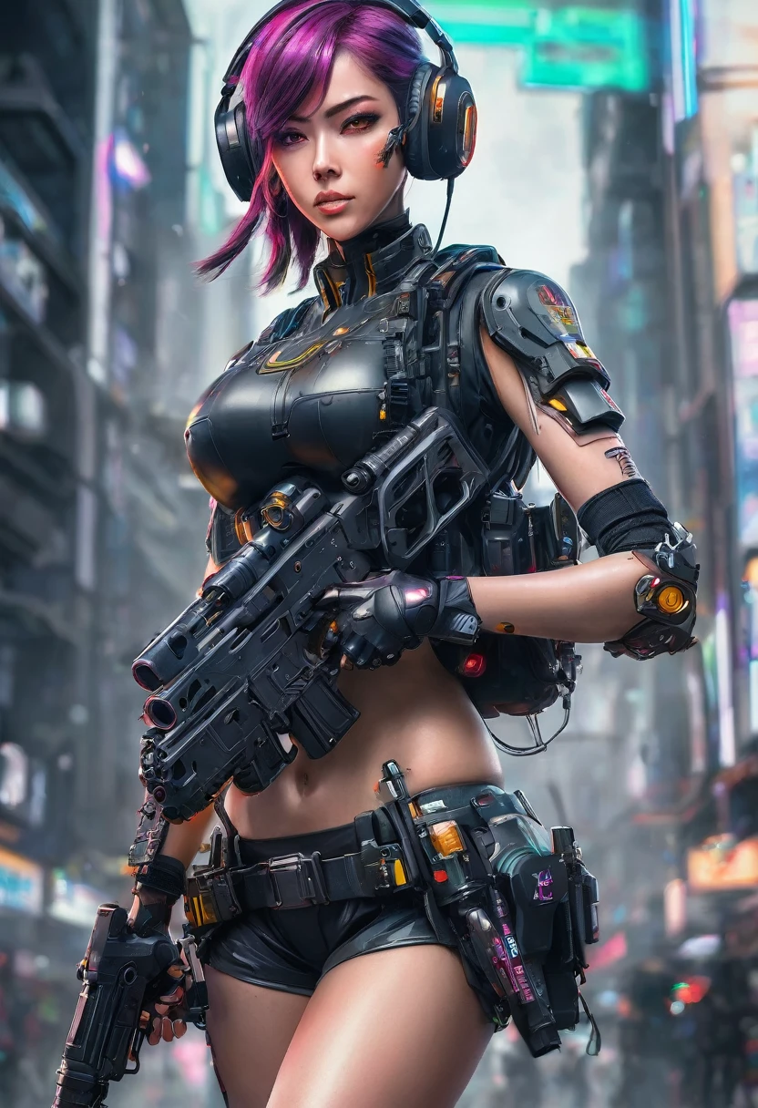 Arafed woman in uniform with headphones and a gun., cyberpunk art inspired by Leng Mei, Trends in CG society, what is?, perfect android girl, female cyberpunk anime girl, cosplay chica anime, perfect anime cyborg woman, cyberpunk anime girl, professional cosplay, trend on cgstation, mechanized soldier girl, beautiful android woman!