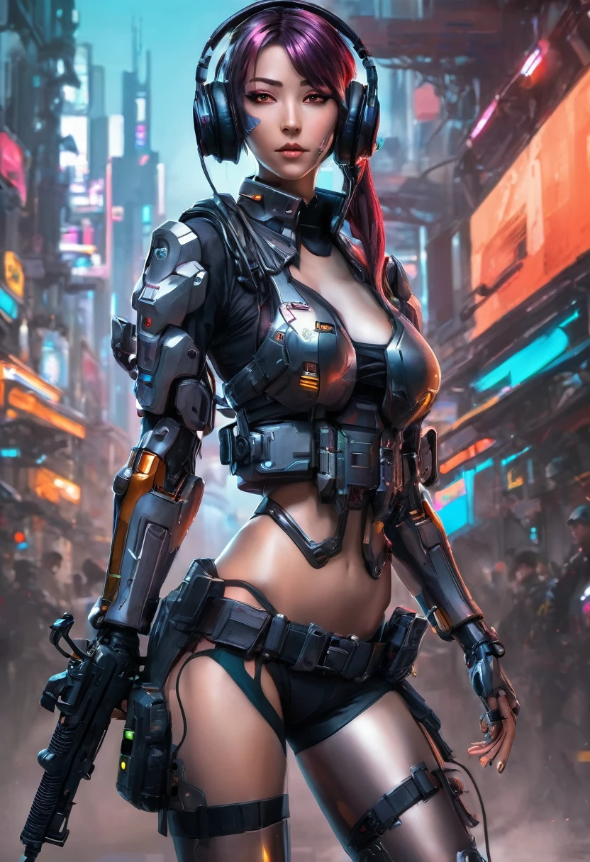 Arafed woman in uniform with headphones and a gun., cyberpunk art inspired by Leng Mei, Trends in CG society, what is?, perfect android girl, female cyberpunk anime girl, cosplay chica anime, perfect anime cyborg woman, cyberpunk anime girl, professional cosplay, trend on cgstation, mechanized soldier girl, beautiful android woman!