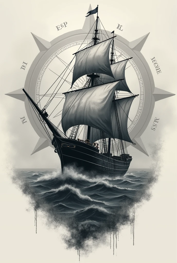 Boat tattoo design in grey tones , the destroyed ship, sailing in fog, in the background an old and destroyed antique compass, without a sea of various colors like a splash between purple, blue red, rosa