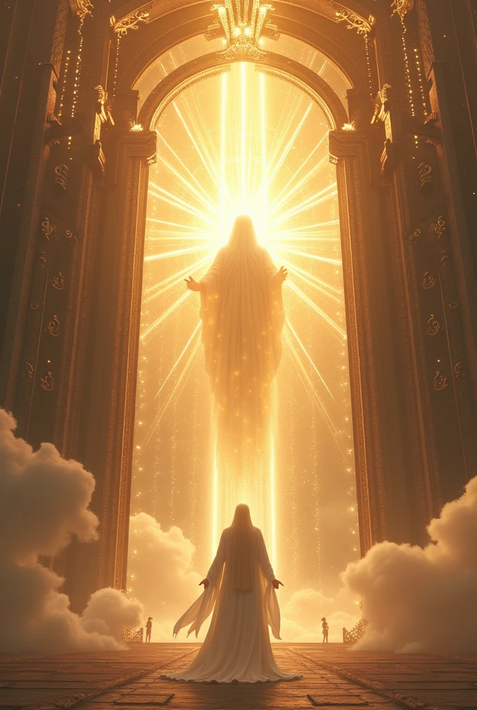 Create an image of God at the gate of heaven and many rays