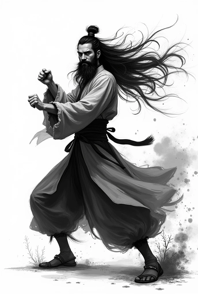 zydink, monochrome, ink sketch, 1boy, asian (middle age man), (long beard, facial hair), fighting stance, looking at viewer, long hair, floating hair, hanfu, chinese clothes, long sleeves, (abstract ink splash:1.2), white background