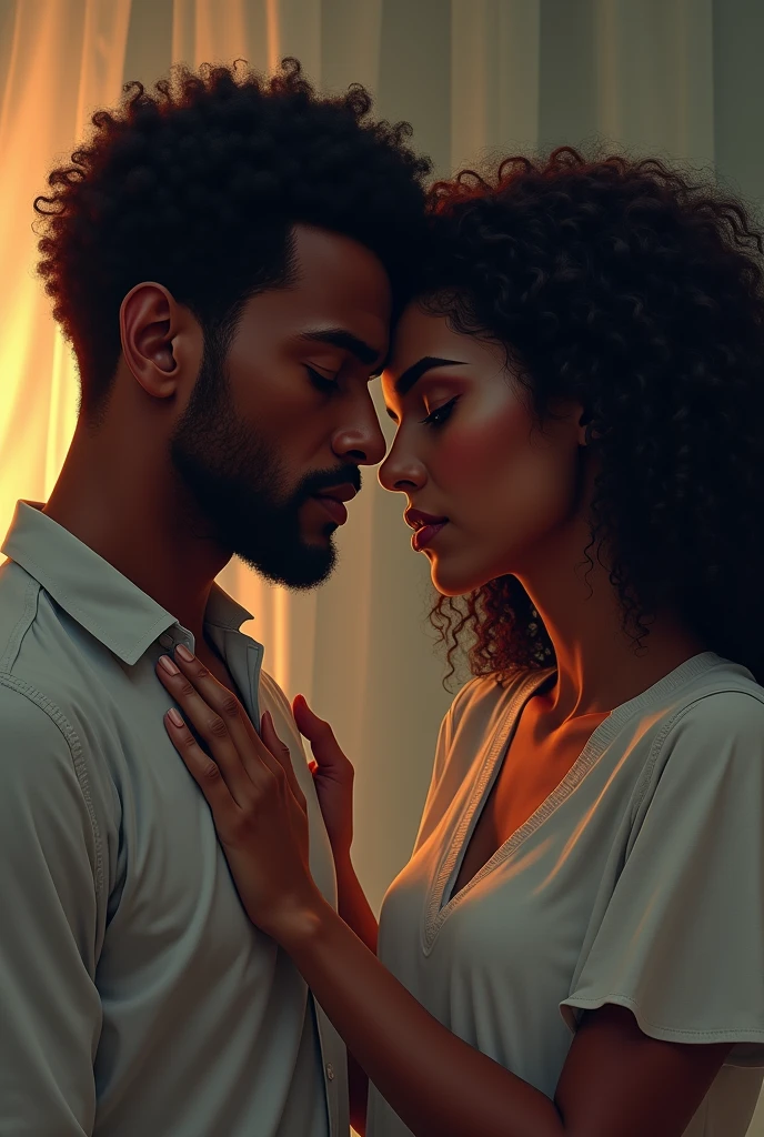 A handsome black American with curlyshort hairtouching on his head looking stressed out but a beautiful black American maid with curly hair comforting him beside him on the other side thereisawomanlookingthem with jealous