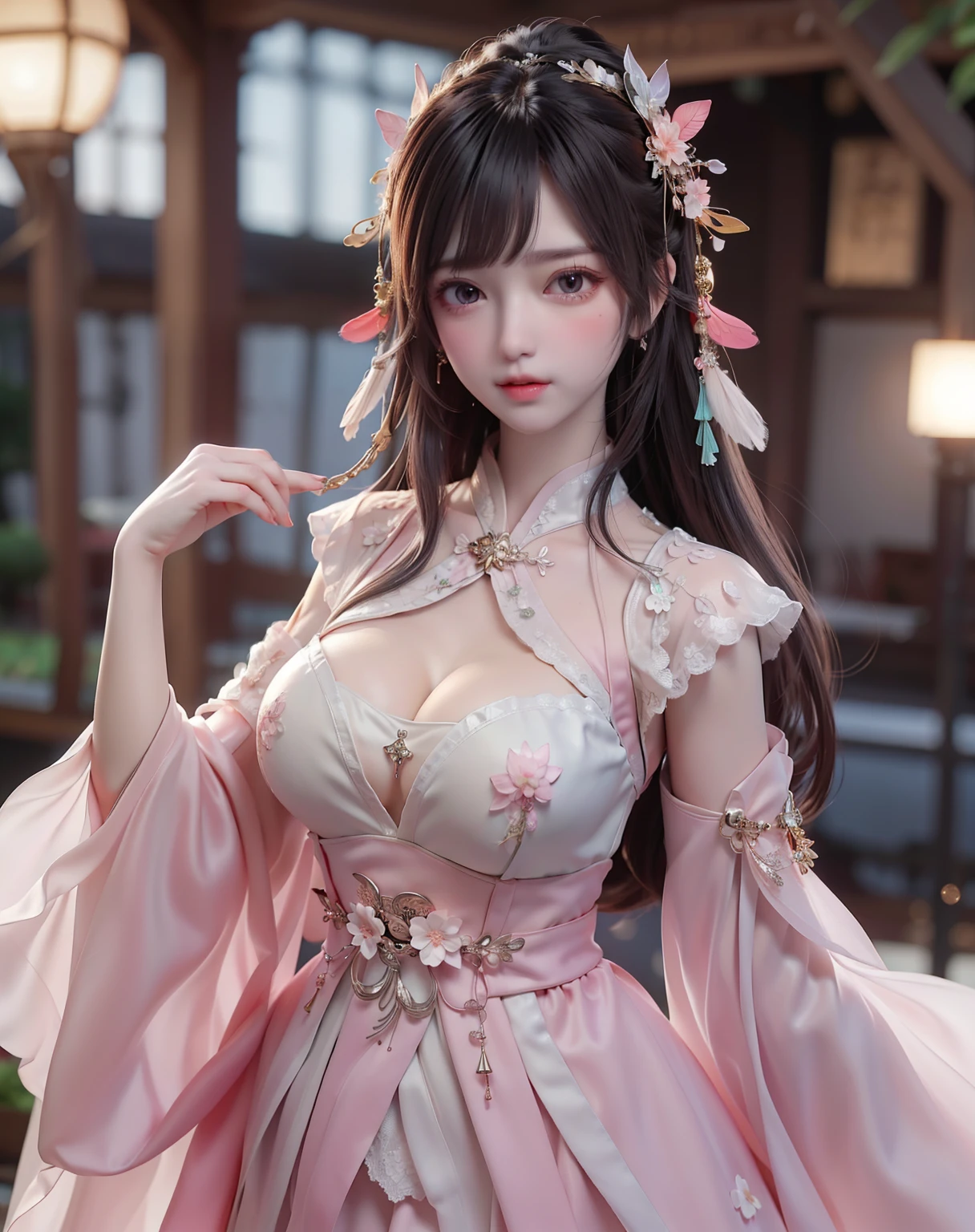 (8k, RAW photo:1.2), best quality, ultra high res,dramatic angle,(fluttered detailed color splashs), (illustration),(((1 girl))),(long hair),(rain:0.9), (Headdress:1.4),There is an ancient palace beside the girl,Hanfu,(Key Points),Color ink painting,(Splash of Color),Splash of Color,(((colorful))),(sketch:0.8) , Masterpiece, best quality, beautiful painted, highly detailed,(denoising:0.6),[splash ink],((ink refraction)), (beautiful detailed sky),moon,highly,detaild,(masterpiece, best quality, extremely detailed） CG Unity 8k Wallpaper，masterpiece，best quality，Ultra Detailed），（Lycoris）. hanfu open v open V-chested clothes Thin silk lace dress , (huge ，),, white pink and gren，best qualtiy，tmasterpiece，Ultra-high resolution，（Reality：1.4），RAW photogr，（True skin texture：1.3），（filmgrain：1.3），（Selfgle），1个Giant Breast Girl，Bul eye and face details，tmasterpiece，Best quality at best，，The chest more exposed， detailed hair, brapurple , detail 8k, upper body, lace petticoat