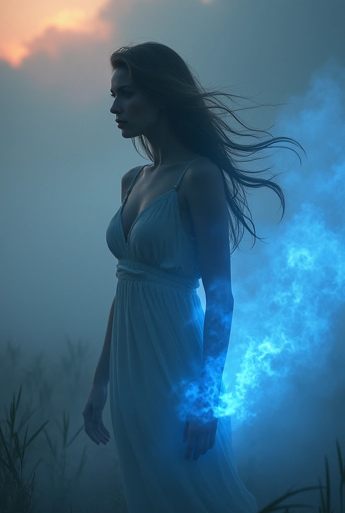 (1girl:1.2), wabstyle, glowing, (fog,:1.2) (mist:1.2), smoke, girl composed of white light, girl composed of black smoke, fire, sun,
, small breasts, long hair, solo, (photorealistic:1.4), cowboy shot, motion blur,
,sexy,
,blue fire, frie rain,
Long hair fluttering in the wind,
loong,wave,( realistic, perfect exposure:1.1)
mist covered,,