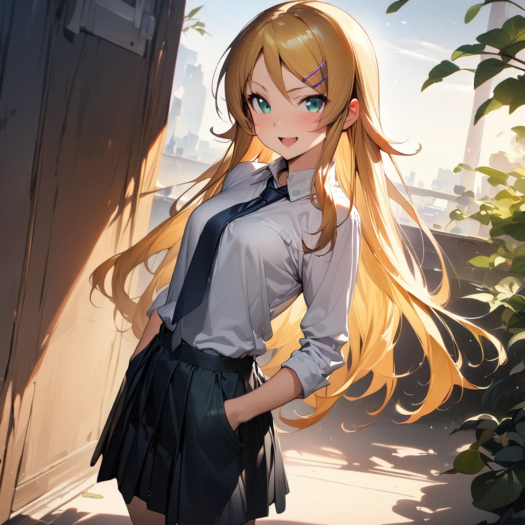 (masterpiece),(best quality),(ultra-detailed),(best illustration),(best shadow),(absurdres),(detailed background),(very aesthetic),kirino kousaka, 1girl, solo, long hair, blonde hair, green eyes, necktie, skirt, hands in pockets, open mouth, seductive smile, portrait, 