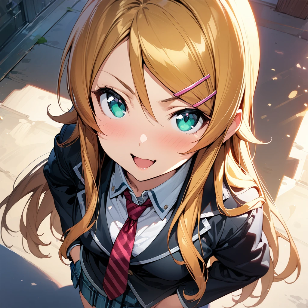 (masterpiece),(best quality),(ultra-detailed),(best illustration),(best shadow),(absurdres),(detailed background),(very aesthetic),kirino kousaka, 1girl, solo, long hair, blonde hair, green eyes, necktie, skirt, hands in pockets, open mouth, seductive smile, portrait, 