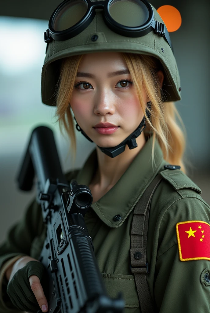 Asian woman in tank top holding gun, Beautiful Female Soldier, beautiful south korean woman, Military Girl, Silent from solid metal gear, Military Girl, With a rifle., Perfect military peace, jaeyeon nam, closeup portrait shot, Silence from solid metal gear V, Automotive Military Girl, Infantry Girl, korean girl, Korean women, with chinese flag and communist patches, blonde hair, no helmet