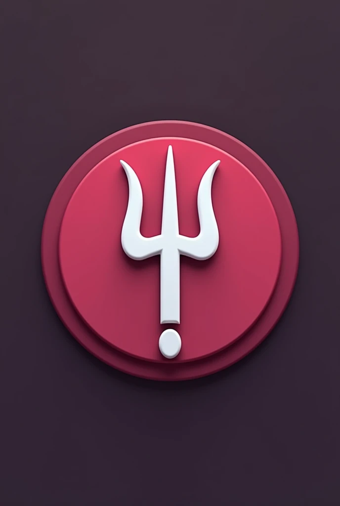 A 2d circular logo with a dark pink background, trident in white and a brain in grey, Minimalist style.