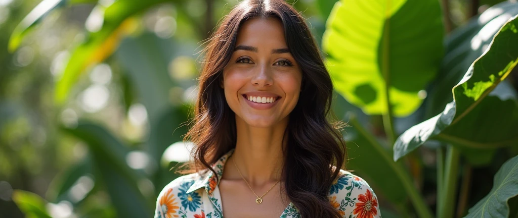 A Brazilian woman in a lush tropical garden, wearing a floral print shirt, with a close-up capturing the harmonious beauty and natural flowers, showing off your natural charm and outgoing personality.