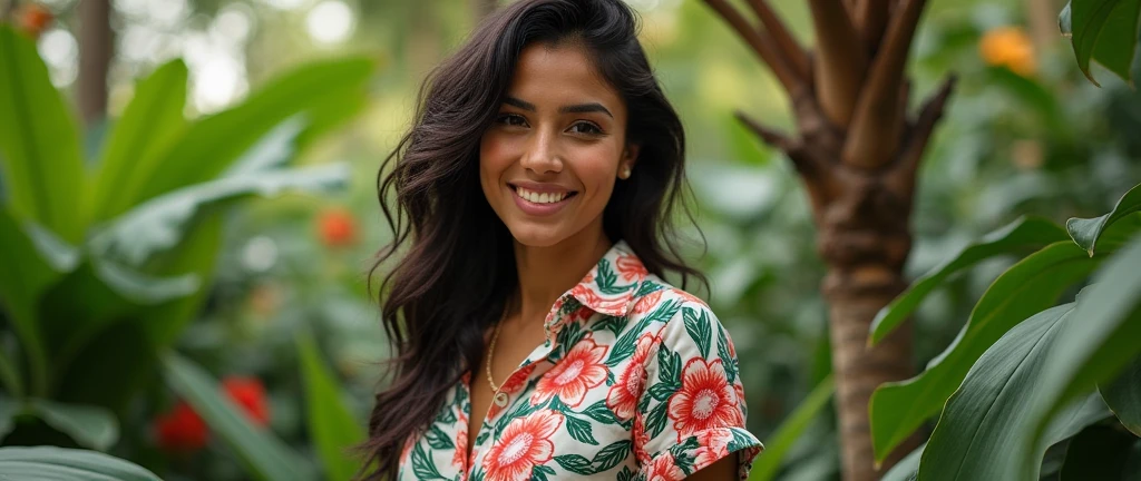 A Brazilian woman in a lush tropical garden, wearing an open shirt with a floral print, with a close-up capturing the harmonious beauty between her breasts and the natural flowers, showing off your natural charm and outgoing personality.