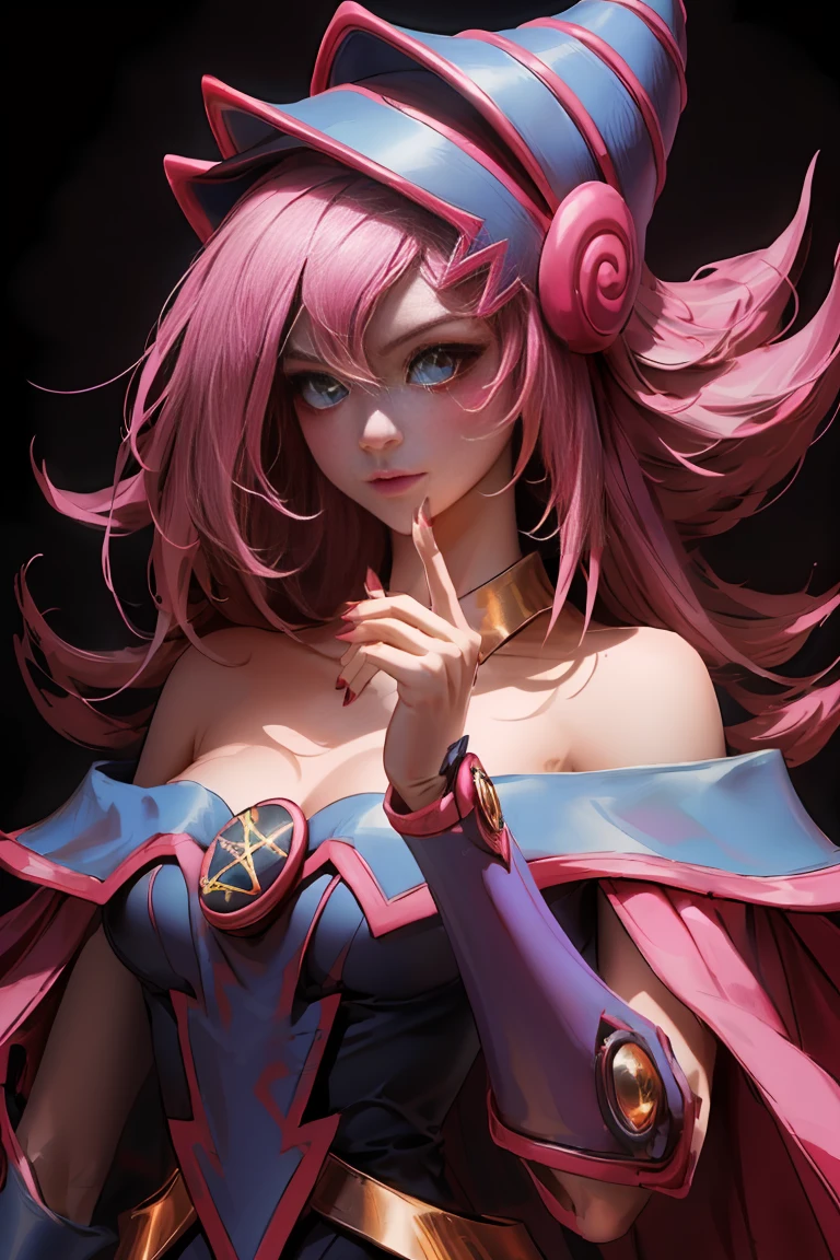 (masterpiece:1.2), (Best Quality:1.2), Perfect lighting, Black Magician Girl Casting a Spell, 20th Generation, Floating in the air, Big Breasts, Neckline, Blue Robe, Big hat, From above, shine, Yu-Gi-Oh! Games, The magic of the heart. Heart Light, Romantic Heart