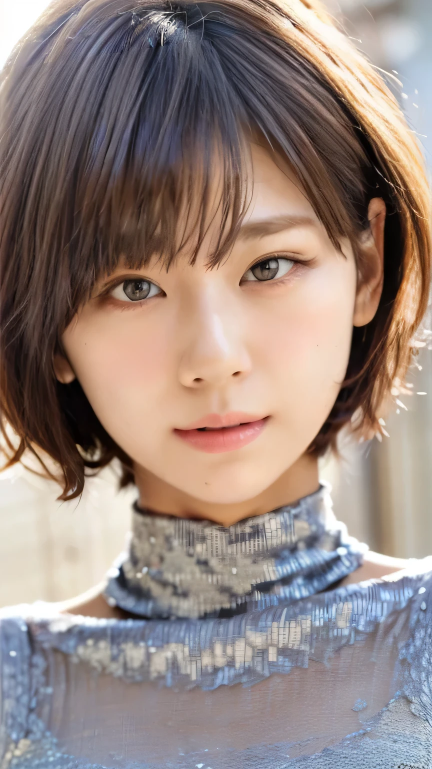 (Realistic、Like a photograph、Live Action、8k, Realistic, RAW Photos, Best image quality: 1.4), Single-lens reflex camera、RAW Photos, Highest quality, Realistic, Very detailed CG Unity 8k wallpaper, Written boundary depth, Cinematic Light, Lens flare, Ray Tracing、Realistic background、17-year-old girl、((Ultra-dense skin))、Straight face、short hair:1.2、Silver Hair、stylish、Very detailed、Pay attention to the details、Perfect outfit、(White skin)、Super detailed face:1.5、Close-up、Brown Eyes、Detailed eyes、plump pink lips