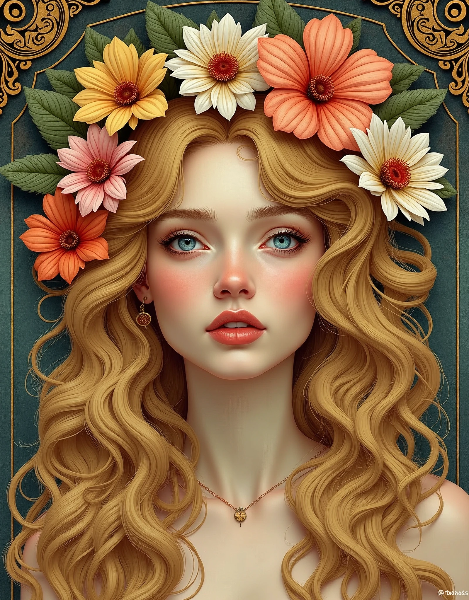 European woman's face portrait, long curly hair, blonde, flower frame, decorative panel, abstract art, by Alphonse Mucha (masterpiece, highest quality, high resolution: 1.4), detailed, intricate details, 4K, color splash, line art, Fibonacci, in underwear