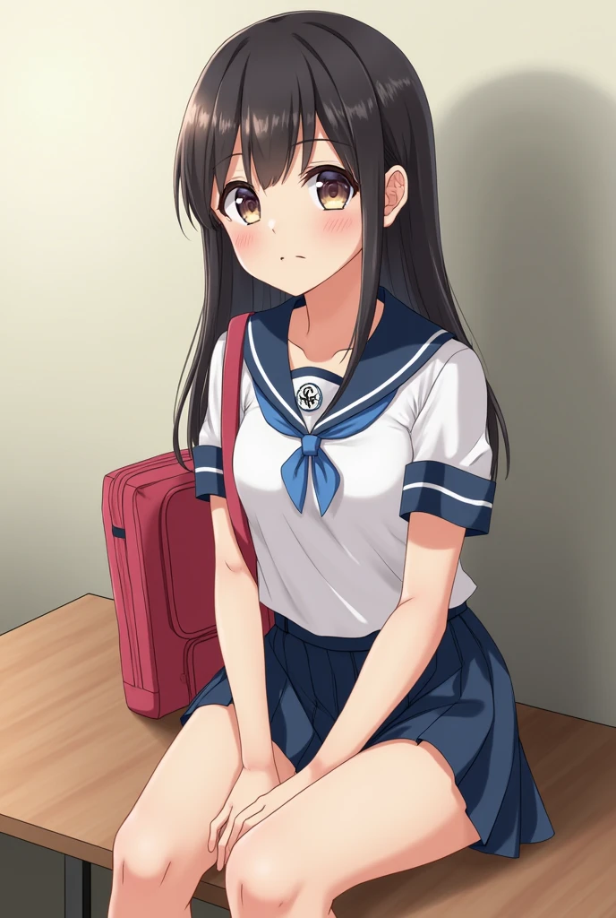 Japanese,,Innocent face,Teenage Girle,Primary school students,Private elementary school,uniform,carrying a red school bag,Summer clothes,Sitting,((Show off your cleavage:1.1)),photograph