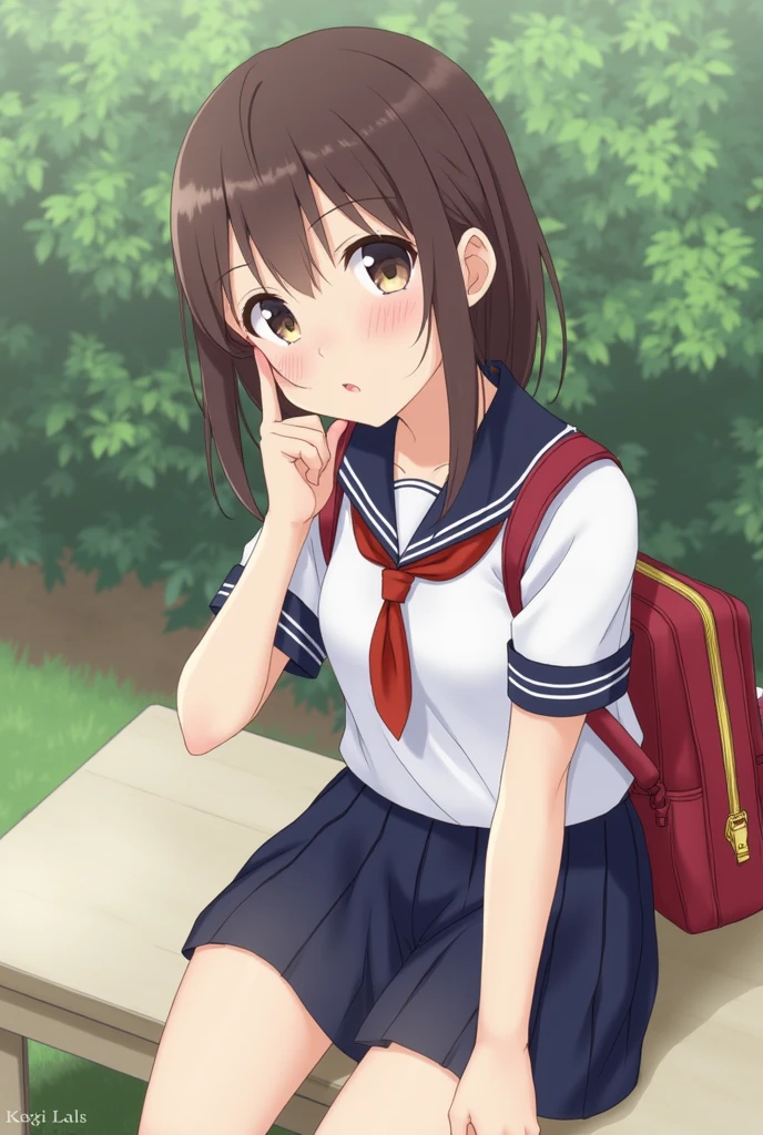 Japanese,,Innocent face,Teenage Girle,Primary school students,Private elementary school,uniform,carrying a red school bag,Summer clothes,Sitting,((Show off your cleavage:1.1)),photograph