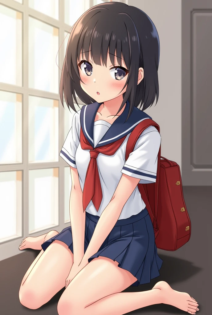 Japanese,10 years old,Innocent face,Teenage Girl,cute,Primary school students,Private elementary school,uniform,carrying a red school bag,Summer clothes,Sitting,((Show off your cleavage:1.1)),photograph