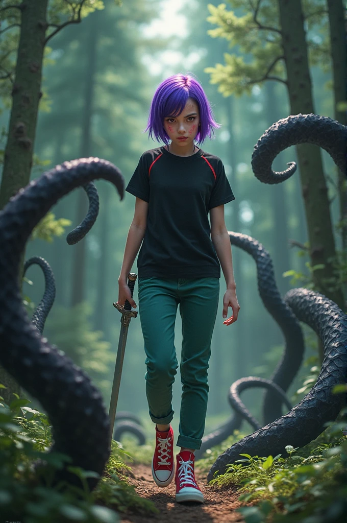 Por favor, create an image of a 17 year old girl in a black short sleeve blouse with red lines, a dark pastel green pants, and a red ALL star. She has short purple hair shaved on the side., It has red eyes, and ball piercing on the eyebrow. She has a serious expression while holding a thin sword.. She is in a pine forest fighting scary black tentacles
