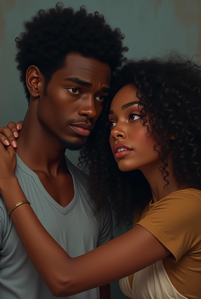 A handsome black American with curlyshort hairtouching on his head looking stressed out but a beautiful black American maid with curly hair comforting him beside him on the other side thereisawomanlookingthem with jealous