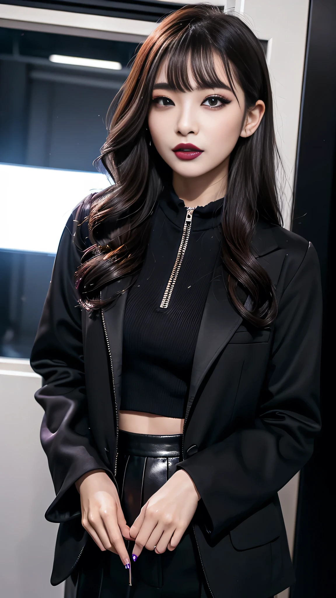 best quality、ultra-detailed、8k、Japanese、Japanese、Seductive beauty、seductive adult woman、Pretty Woman、cool girl、smirk、Wicked Smile、Villainess、brainwash makeup、Brainwashed、brainwash、Fallen into evil、Evil look、evil、Brown hair、wavy hair、swept bangs、dark makeup、piercing eyes、hollow eyes,half-closed eyes、Hollow Eyes、purple Eyeshadow、black lipstick、black lipglos、Purple Eyeshadow、black lipstick、black lip gloss、Dark Makeup、smirk、Whisper in my ear、Evil look、suit、Black jacket、White blouse、Black tight skirt、pantyhose、night、inside darkroom、Kiss、I have lipstick、Are standing、Look、Offer、shoot from below、Connected by many cords