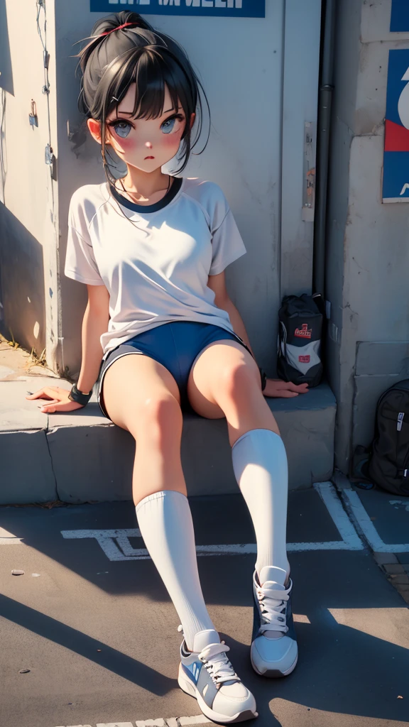 Top down, dark blue line sportswear, dark blue buruma, BREAK, white knee-high socks, sports shoes