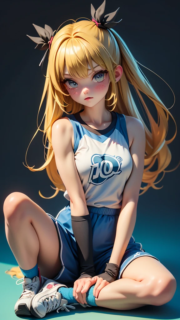 Videu de dragon ball, trasfomanda em super sayajen ,com roupa estilo maloqueira,none in the head, cabelo longo, peito grande corpo natural bunda grande detalhada roupa maloqueira ultra realista,camisa grande ate o joelho, calca de skatista sapato de skatista azul, brinco na orelha, boca pequena nariz medio, pose de maloqueira gangsts,fundo neon azul