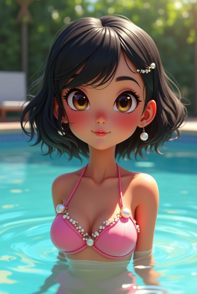 Create semi-realistic latina girl , olive skin , short, shoulder-length, fluffy black hair , Brown eyes , with two moles on the neck , button nose , in a pink bikini with pearls on the bikini straps , Skinny body, small breasts , thin legs , in a pool playing with water.