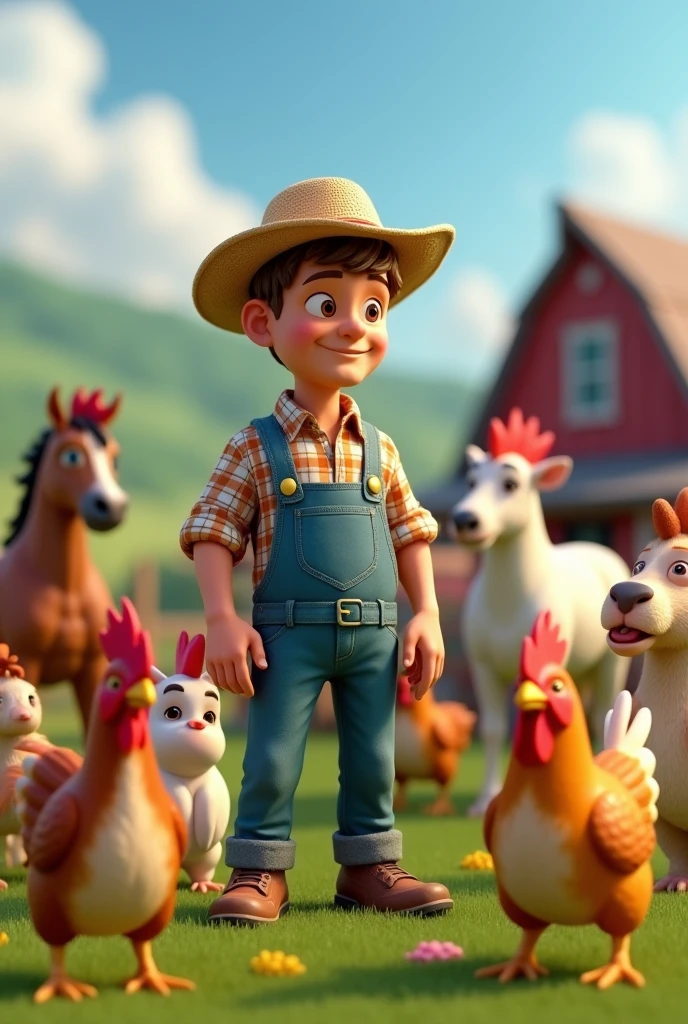 a farmer , light brown hair slightly curly, brown dark eyes, straw hat working with birds , horses, chickens, cows and rabbits 3d hd image
