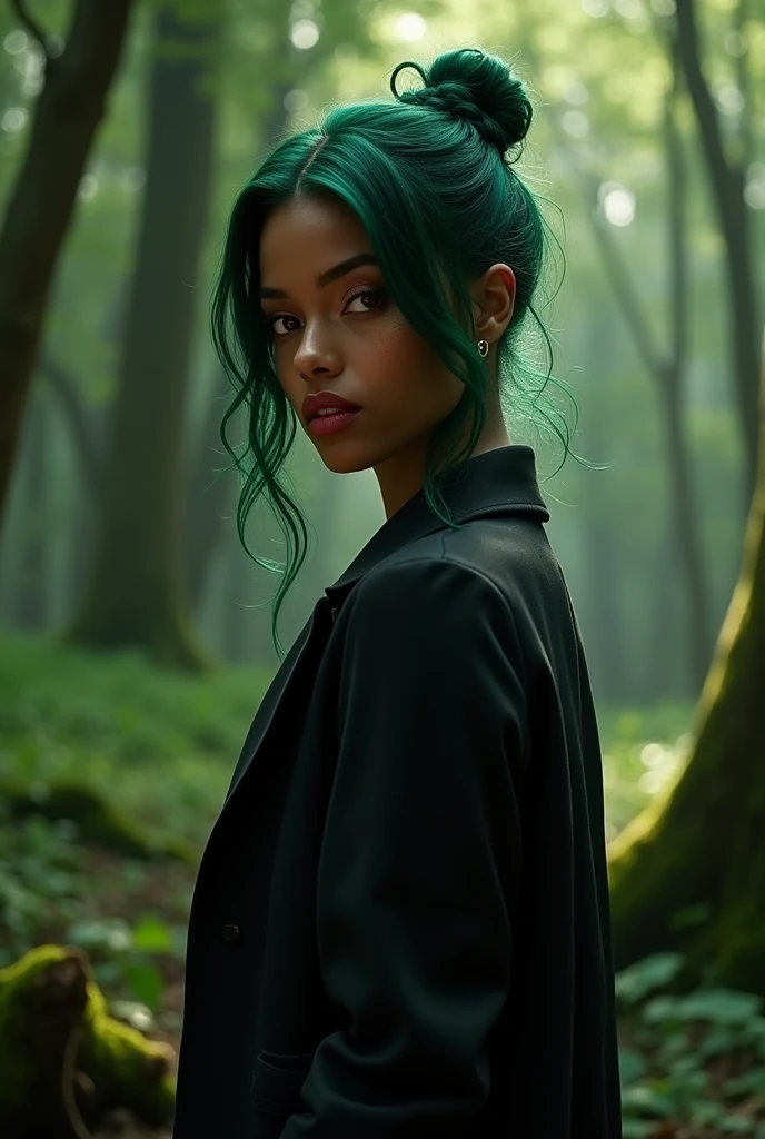 ultra realistic young black woman,vampire,vampire diaries, 18 years old, ultra realistic green hair, red eyes,veins showing near the eyes, showing vampire teeth, black clothes outfit, posing, in the Mystic Falls forest, in 8k, hyperrealistic, hyper lit