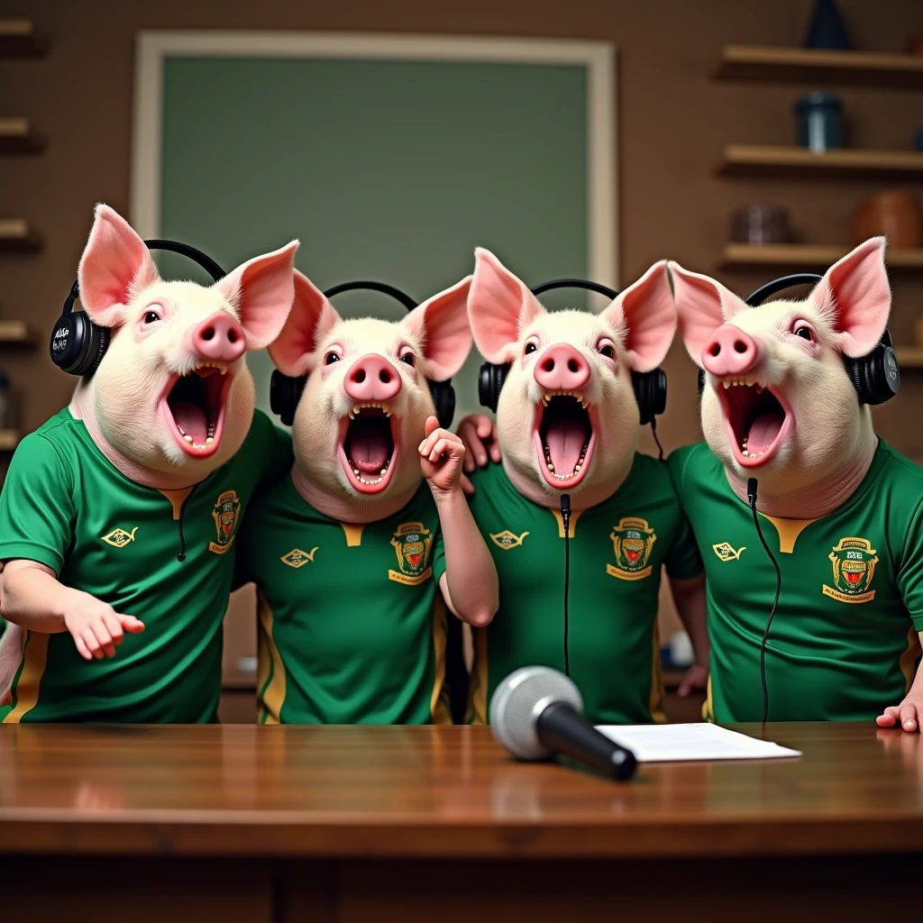 4 extremely happy pigs screaming, dressed in the Palmeiras team uniform, on a wooden desk, in a room celebrating with microphone and headsets