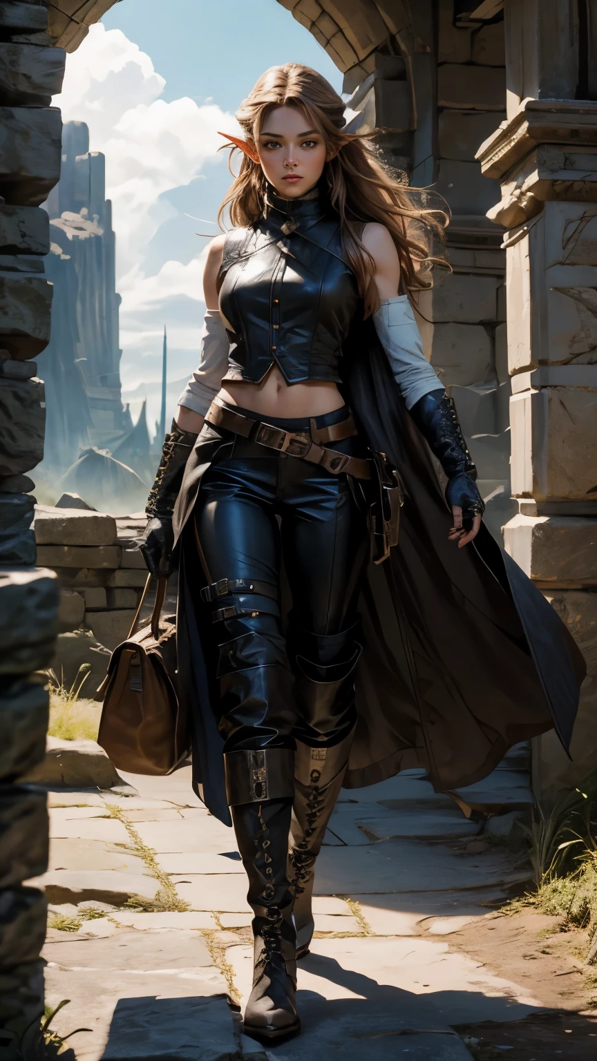 ((Medieval fantasy setting)). Tags: super detail, high details, high quality, best quality, highres, 4K, portret, detailed face, face fix, 1girl 
"Echo is a 22-year-old half-elf. She has light brown skin. Thick light chestnut hair with caramel highlights and soft waves. Brown eyes with green hues. Her beautiful face is oval with soft features and pronounced cheekbones. She has full and attractive lips with a natural blush. A slight scar over her right eyebrow. Her ears are small like a human's but pointed like an elf's. Her physique is athletic and slim, she toned and flexible. She has a round and elastic body shapes."
Clothing.Vest: Black leather vest, thin but strong. The vest fits the body, emphasizing the athletic physique. Fastens with laces in the front, which allows you to quickly take it off or put it on. There are leather straps on the shoulders and sides for additional fixation.
Pants: Lightweight black leather pants that fit the hips without restricting movement. On the hips - small pockets for throwing knives that close with buttons.
Gloves: Soft leather gloves that protect the hands and wrists, but do not restrict the fingers. Black, without unnecessary decorative elements.
Boots: Lightweight mid-calf leather boots in black, with soft soles for silent movement. The daggers are hidden in the inside pockets of the boots.
Background: stone ruins, bloody sunset.