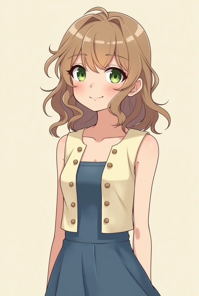 A delicate and elegant girl, shy but cheerful looking. Light brown curly hair that reaches below the shoulders, bright green tabby eyes. A round but slender face with long eyelashes and slightly marked and feminine lips, and discreet makeup. Her build is thin and somewhat short., She has a bit of thighs and thin arms, slightly marked hips and somewhat bulging medium-sized breasts. She wears a cream-colored, fitted vest and a casual but simple-style blue dress..