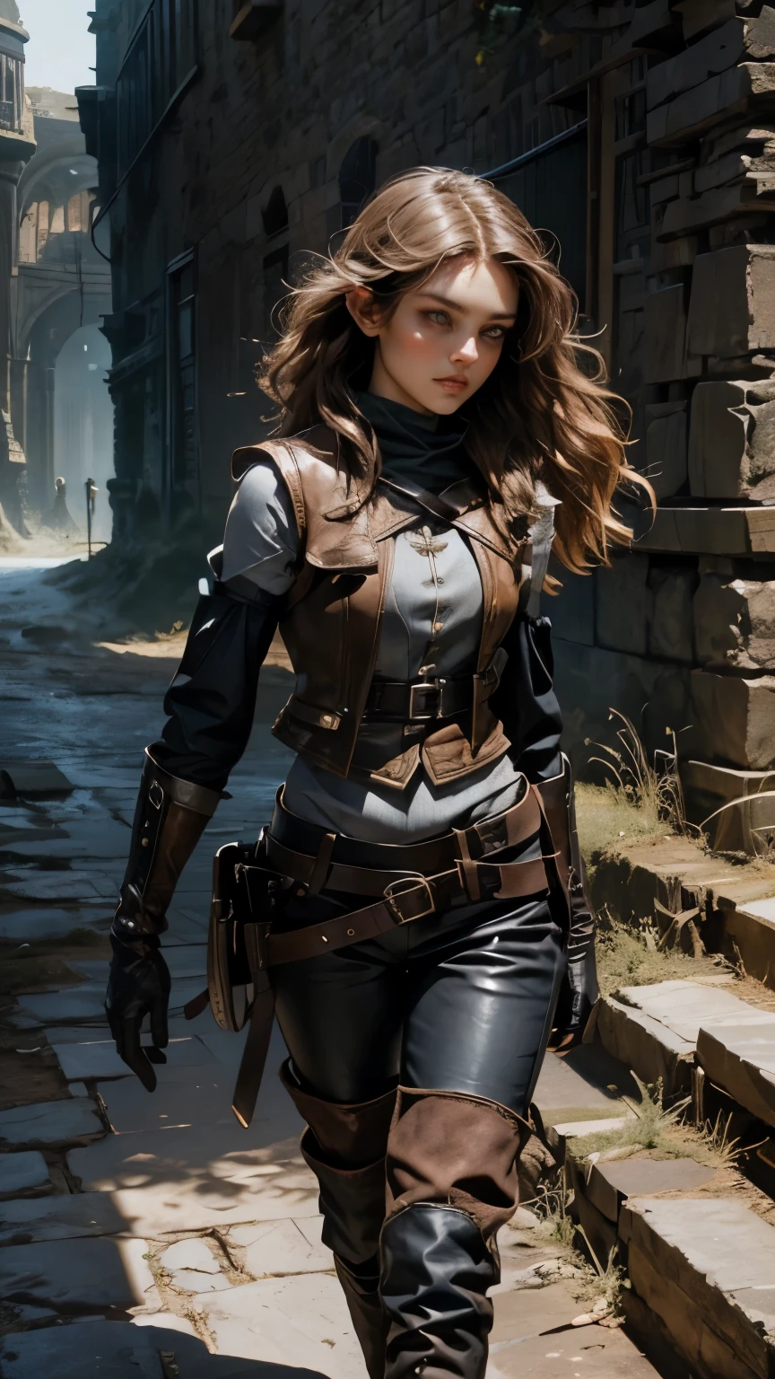 ((Medieval fantasy setting)). Tags: super detail, high details, high quality, best quality, highres, 4K, portret, detailed face, face fix, 1girl
"Echo is a 22-year-old half-elf. She has light brown skin. Thick light chestnut hair with caramel highlights and soft waves. Brown eyes with green hues. Her beautiful face is oval with soft features and pronounced cheekbones. She has full and attractive lips with a natural blush. A slight scar over her right eyebrow. Her ears are small like a human's but pointed like an elf's. Her physique is athletic and slim, she toned and flexible. She has a round and elastic body shapes."
Clothing.Vest: Black leather vest, thin but strong. The vest fits the body, emphasizing the athletic physique. Fastens with laces in the front, which allows you to quickly take it off or put it on. There are leather straps on the shoulders and sides for additional fixation.
Pants: Lightweight black leather pants that fit the hips without restricting movement. On the hips - small pockets for throwing knives that close with buttons.
Gloves: Soft leather gloves that protect the hands and wrists, but do not restrict the fingers. Black, without unnecessary decorative elements.
Boots: Lightweight mid-calf leather boots in black, with soft soles for silent movement. The daggers are hidden in the inside pockets of the boots.
Background: stone ruins, bloody sunset.