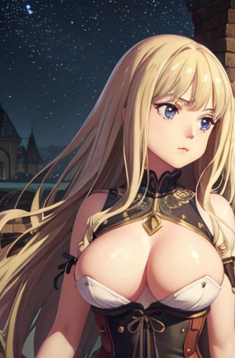 masterpiece, Highest quality, Highest quality, Official Art, beautifully、aesthetic:1.2), (1 girl), Very detailed,(Fractal Art:1.3),colorful,Most detailed,Blonde long hair,blue eyes,Moonlit Night,Rose,(Big Breasts:1.4),,Nipples,corset,Fine Jewelry,whole body