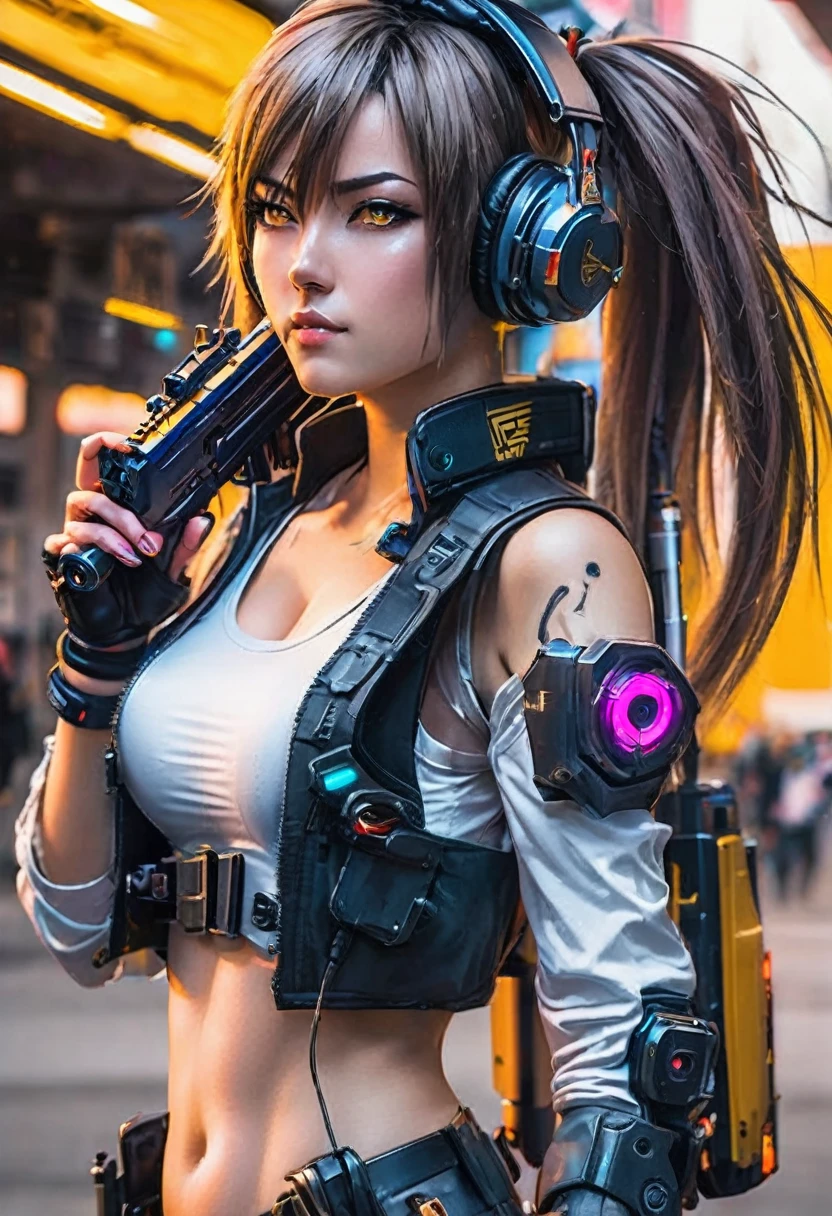 Arafed woman in uniform with headphones and a gun., perfect android girl, female cyberpunk anime girl, cosplay chica anime, perfect anime cyborg woman, cyberpunk anime girl, professional cosplay, trend on cgstation, mechanized soldier girl, beautiful android woman!, cosplay anime, cyberpunk 2 0 years. o model girl, cyberpunk oppai, linda chica cyborg