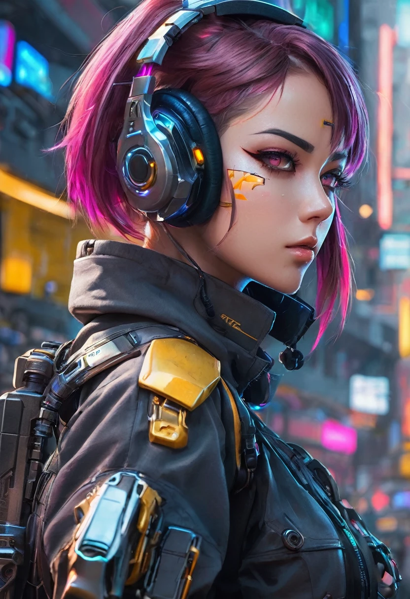 Arafed woman in uniform with headphones and a gun., perfect android girl, female cyberpunk anime girl, cosplay chica anime, perfect anime cyborg woman, cyberpunk anime girl, professional cosplay, trend on cgstation, mechanized soldier girl, beautiful android woman!, cosplay anime, cyberpunk 2 0 years. o model girl, cyberpunk oppai, linda chica cyborg