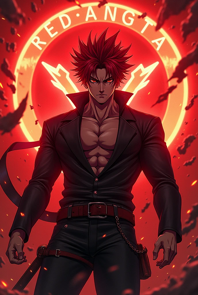 realistic anime‚ red hair‚ handsome‚ god‚ crazy‚ red background‚ big logo REDGANGSTA in background