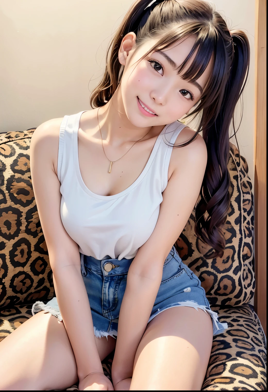 (Highest quality,masterpiece:1.3,Ultra-high resolution),(Very detailed、Caustics) (Realistic:1.4, RAW shooting、)Ultra-Realistic Capture、Very detailed、Natural skin texture、masterpiece、(A Japanese elementary school girl wearing a thin satin leopard print tank top and a mini jeans skirt:1.3)、Adorable expression、Expressions of happiness、10 years old、height: 140cm、Baby Face、Pure girl、Amazingly cute、Twin tail hairstyle、Curly Hair、ribbon、Black Hair、Large Breasts、Shining thighs、Shining ass、necklace、Filmed sitting on a sofa in a private room at a sex shop、Raise your thighs and open your legs wide、Background details、smile、An inviting gaze、(Anatomically correct)、Cowboy Shot、Attention to detail、