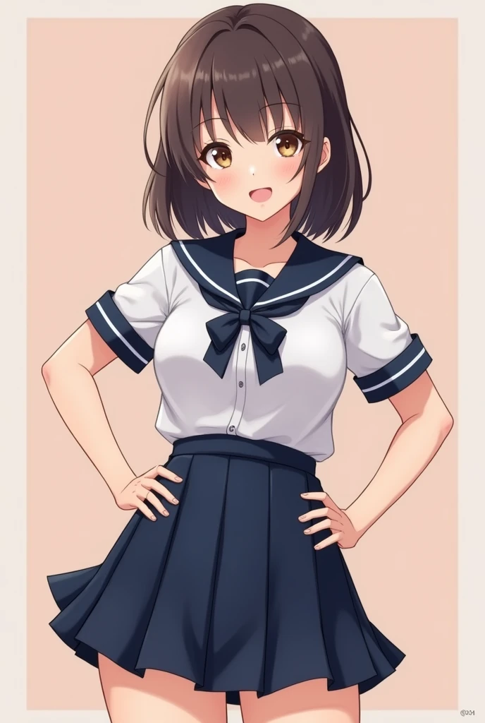 ((school uniform)),Ribbon at neck,(school uniform and ((Navy Skirt)) and white shirts:1.1), Skin color, big , smile, (8k, RAW Photos, Highest quality, masterpiece:1.2), masterpiece, super detailed, super high quality, (Realistic and Realistic photography:1. 37), High-resolution RAW color photos, Very delicate and beautiful, highly detailed, 8k wallpaper, wonderful, detailed, Very eye, very detailed, very detailed skin, very thin fingers, very detailed nose, very detailed mouth, Perfect Anatomy, Upper Body, studio, Soft lighting, A full-body shot of a cute idol wearing a one-piece swimsuit, Playful pose, Hands on hips, smile, Pastel Background, Realistic, Attention to detail, studio photography,((Show off your cleavage:1.4))