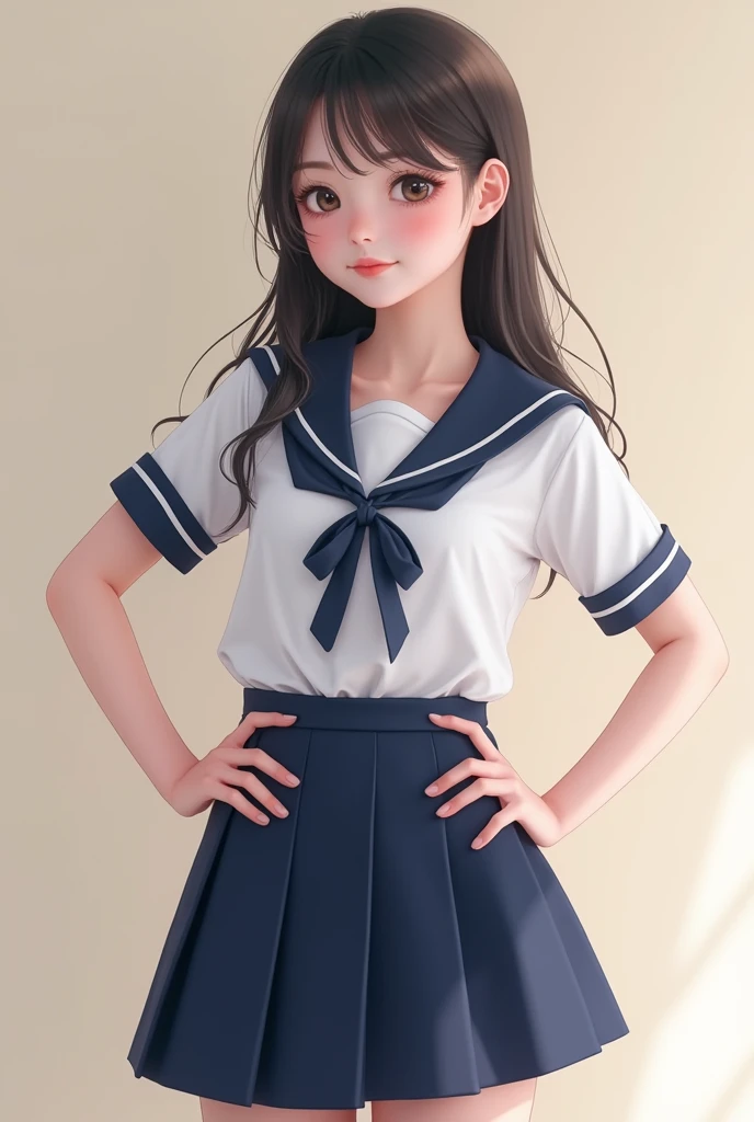 Highest quality,4K,High resolution,masterpiece、(Porcelain Doll:1.2)、Japanese high school girl、Shoulder-length black hair、White skin、Eye color: black、 Innocent, beautiful、 slim body build, Intricate details、Very finely crafted needles, Very finely crafted fingers((10 fingers)), Please wear a white short-sleeved school shirt with a bow tie, Navy blue school skirt, Knee-length school socks, School Loafers, (Standing casually), (Full-body showcase), (Please show me your whole body), (No logos on background), (No logo), ((Plain background)), ((Plain background)), (((Sky Background)))、3d、