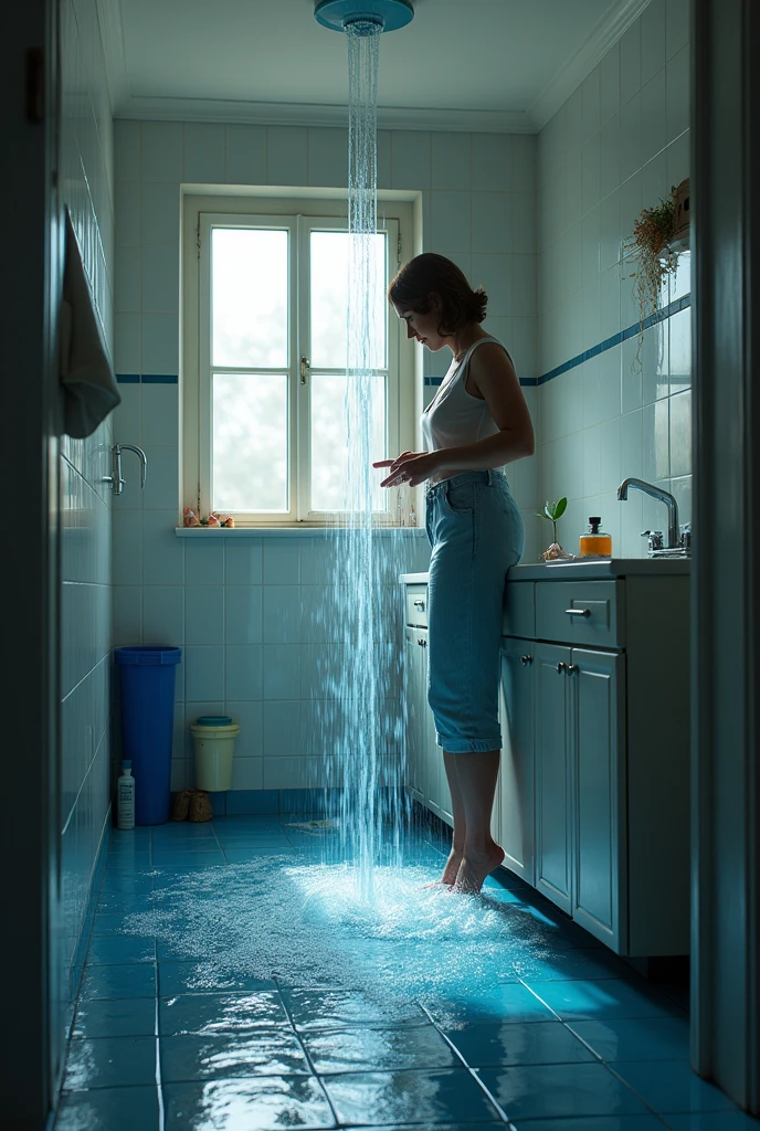 A hyper-realistic black-and-white fashion photograph with the grain of analog film, and high contrast set in a shower with tiles.  the photo is taken from a low wide angle, capturing the full perspective of the body model with a close-up of the ass models.  woman fully naked, crawling, with her hand on the floor. The foreground prominently features her backside standing beneath the running water. The low-angle shot emphasizes the towering presence of the shower, with the soft, vintage-quality film adding a nostalgic, dreamy atmosphere. The scene highlights the contrast of the patterned floor, and the cascading water, all framed by the expansive window above, creating a visually striking and fashion-forward image with a timeless, retro feel.

