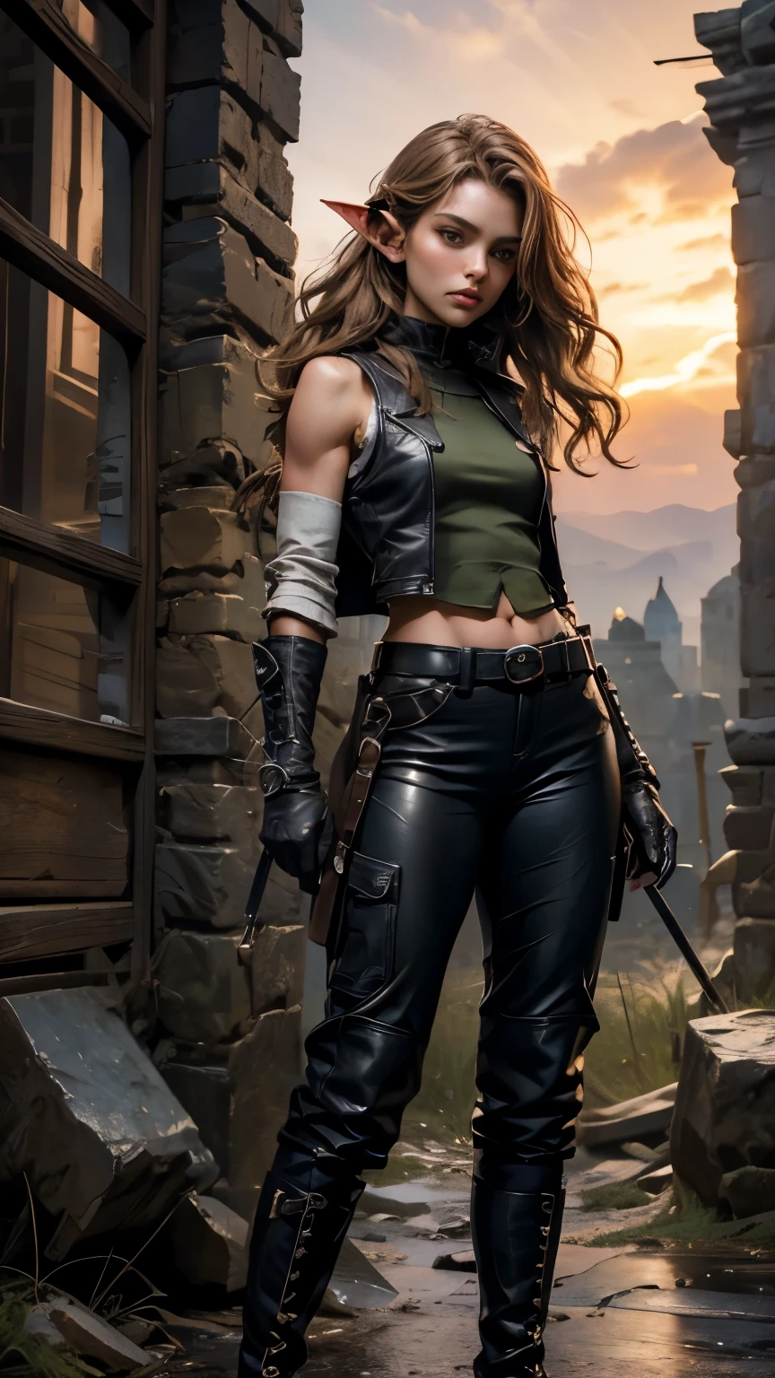 ((Medieval fantasy setting)). Tags: super detail, high details, high quality, best quality, highres, 4K, portret, detailed face, face fix, 1girl
"Echo is a 22-year-old half-elf. She has light brown skin. Thick light chestnut hair with caramel highlights and soft waves. Brown eyes with green hues. Her beautiful face is oval with soft features and pronounced cheekbones. She has full and attractive lips with a natural blush. A slight scar over her right eyebrow. Her ears are small like a human's but pointed like an elf's. Her physique is athletic and slim, she toned and flexible. She has a round and elastic body shapes."
Clothing.Vest: Black leather vest, thin but strong. The vest fits the body, emphasizing the athletic physique. Fastens with laces in the front, which allows you to quickly take it off or put it on. There are leather straps on the shoulders and sides for additional fixation.
Pants: Lightweight black leather pants that fit the hips without restricting movement. On the hips - small pockets for throwing knives that close with buttons.
Gloves: Soft leather gloves that protect the hands and wrists, but do not restrict the fingers. Black, without unnecessary decorative elements.
Boots: Lightweight mid-calf leather boots in black, with soft soles for silent movement. The daggers are hidden in the inside pockets of the boots.
Background: stone ruins, bloody sunset.