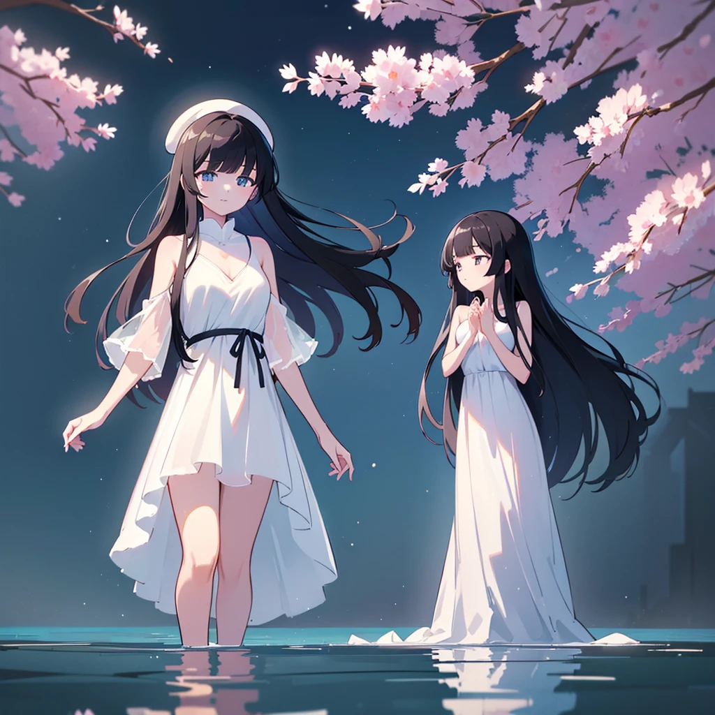 (Highest quality, 32K, High resolution, Masterpiece:1.5),god々A photograph with brilliant dazzling and healing power., Evoking a sense of calm and elusive beauty, Expressing emotions, Have a rich imagination,Beautiful Japanese Girls, An exceptionally beautiful face, Small Face Beauty, Perfect Human Anatomy, Magical big eyes, Motherhood and generosity, Deep Love, fleeting smile, Shiny black hair, Super Long Straight Silk Hair, Asymmetrical bangs, Hair between the eyes, Transparent, soft white skin, Sharp eyebrows, Thin lashes, Natural Makeup, Cheek highlighter, Pale pink detailed lips, ((White dress:1.3)), High resolutionの完璧な鎖骨, High resolutionの美しい胸元, Slim figure with ample breasts, High resolutionの美しい太もも, ((Beautiful spring in the mountains:1.2)), ((Standing on the clear blue water:1.5)), Professional Lighting, Professional photographer, Professional models, god秘的
