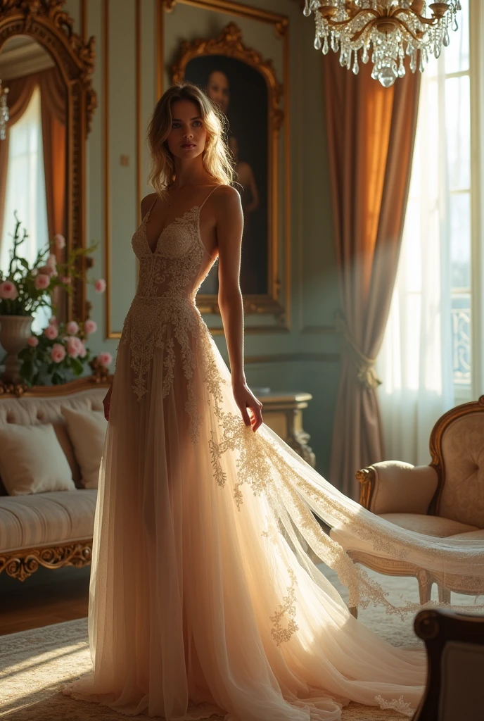 Design an image of a high fashion editorial shoot set in a luxurious Parisian apartment. The model is wearing an elegant, flowing couture gown with intricate lace detailing. The room features ornate furniture, chandeliers, and large windows with sheer curtains that let in soft, natural light. The mood should be sophisticated and romantic, with an emphasis on the contrast between the model’s delicate dress and the opulent surroundings