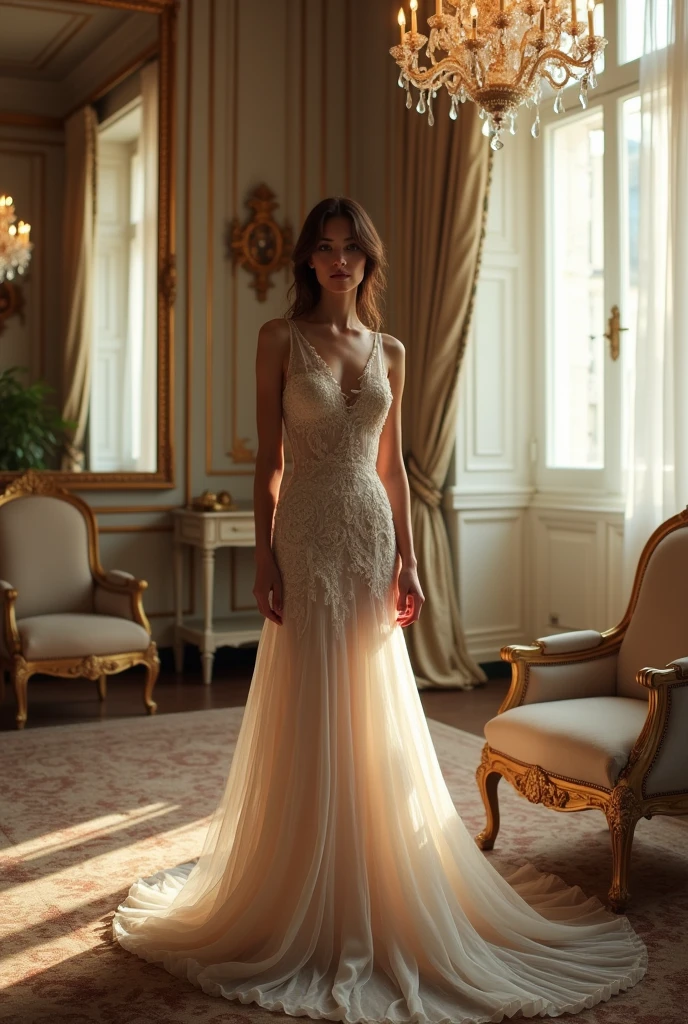 Design an image of a high fashion editorial shoot set in a luxurious Parisian apartment. The model is wearing an elegant, flowing couture gown with intricate lace detailing. The room features ornate furniture, chandeliers, and large windows with sheer curtains that let in soft, natural light. The mood should be sophisticated and romantic, with an emphasis on the contrast between the model’s delicate dress and the opulent surroundings