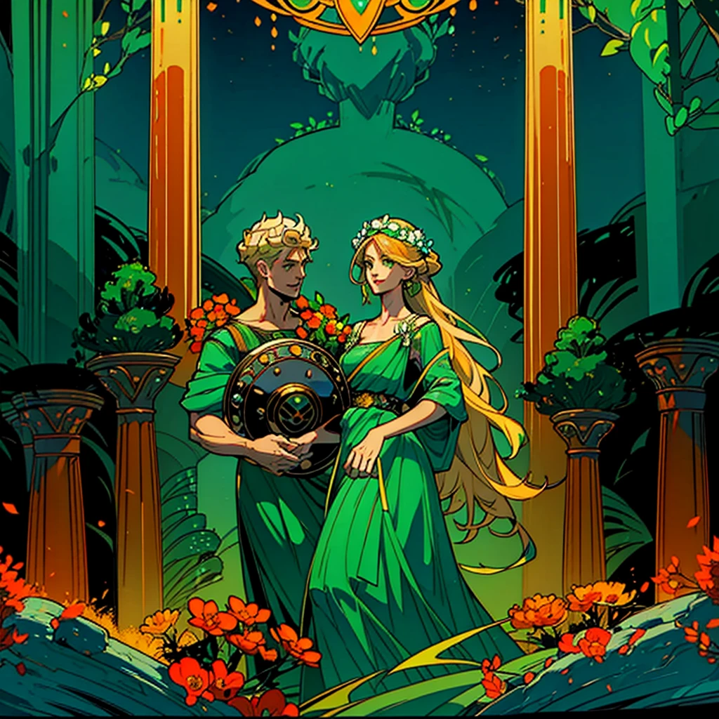 1woman, alone, 25 years old, young, blonde hair, green eyes, insister sur les reflets des yeux verts, cheveux blonds, long hair, green dress, robe verte, green outfit, green clothes, pure outfit, smiling, soft expression, hades style, hades game, Jen zee style, greek themed image, greek background, persephone, tartarus scenery, in a garden with orange flowers, fumes, greek columns in background, lots of columns, greek architecture, green themed image, black furniture, blue touches of color, orange walls, looking at viewer, holding a lyre, holding a musical instrument, soft themed image, hades, game, wiki