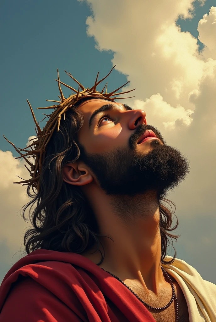 Jesus looking up to the sky with a crown of thorns on his head, estilo de arte super realista, por László Balogh, inspirado em Mort Künstler, Muito realista, estilo de ilustração realista, close de retrato de cena de filme, very Muito realista, Muito realista effect, arte hiper-realista