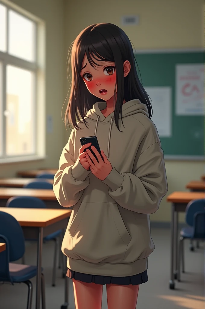 nerdy girl with red face from embarrassment holding her cell phone in her hand wearing an oversized sweatshirt and a short skirt inside an empty classroom.