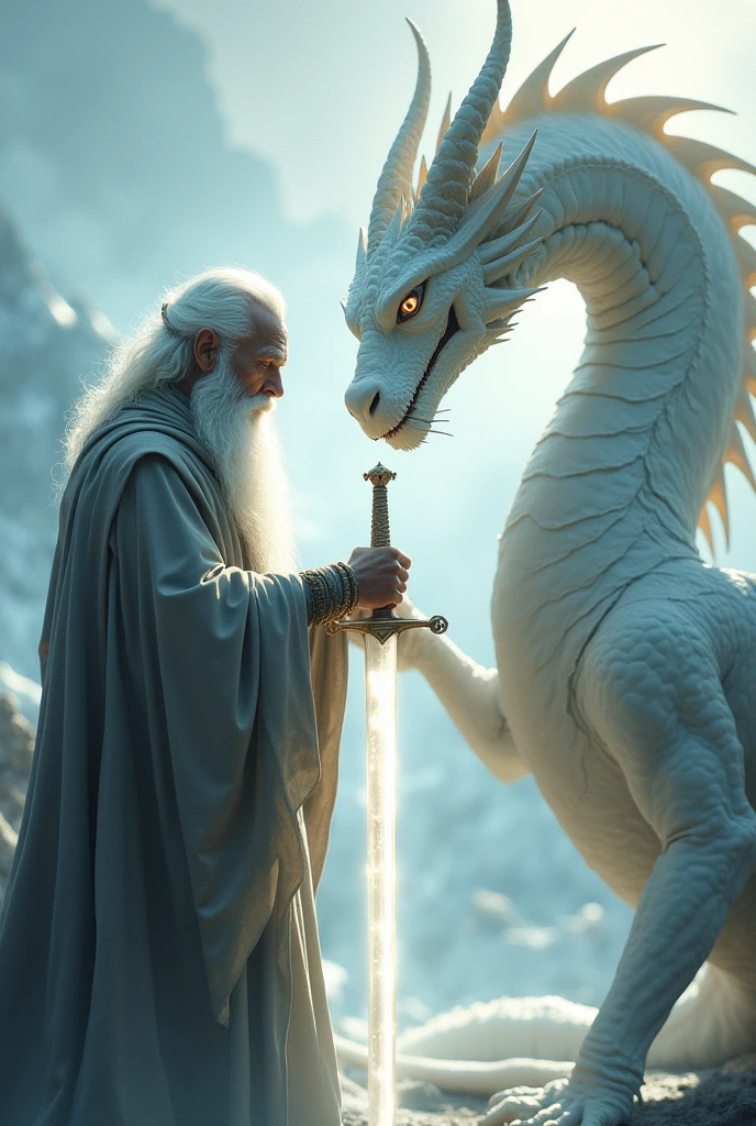 The white-haired man is receiving a white sword from the white dragon.
