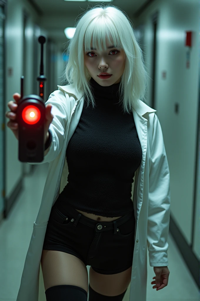 A close up/pov of a short, mid 20-year-old with white, soft long hair and beautiful red eyes. She wears a white almost lab coat with a black, fuzzy sweater underneath and tight black shorts, with black leggings that reach to her mid thigh level. She has a voluptuous/ slim body with big plump breasts, and decently big and thick thighs. She is smiling at the viewer with a sinister and evil look, while she is currently walking with a small, compact device with a big red button on it, with a small antenna on the top of her device. The camera angle is aimed at her from the ground, depicting her walking as she stares at the camera while smiling.