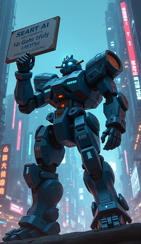 A war robot holding a sign that says "Seaart better than Midjourney!", anime, cyberpunk, 8k, hdr, highly detailed